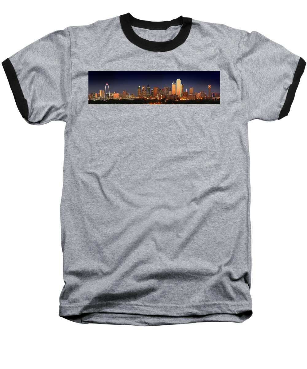 Dallas Skyline Night Baseball T-Shirt featuring the photograph Dallas Skyline at Dusk by Jon Holiday