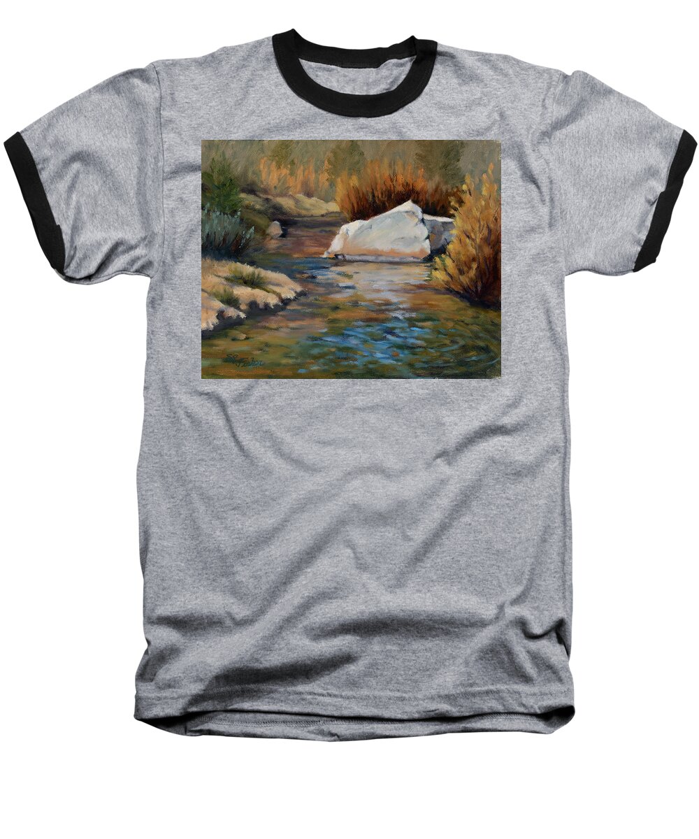 California Landscape Baseball T-Shirt featuring the painting Dance of Light on Bishop Creek by Sandy Fisher