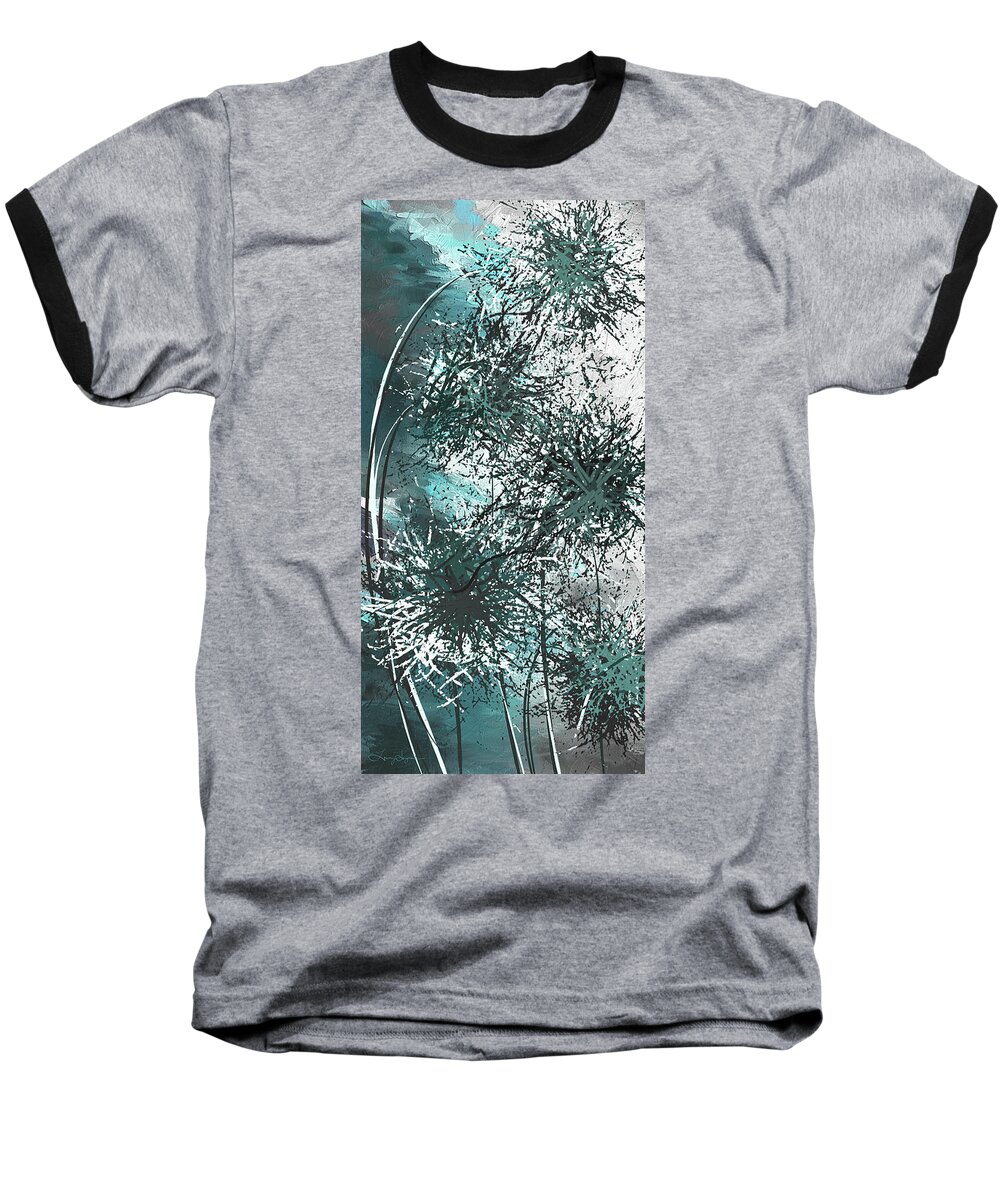 Blue Baseball T-Shirt featuring the painting Dandelion Overwhelm - Turquoise and Gray Modern Art by Lourry Legarde