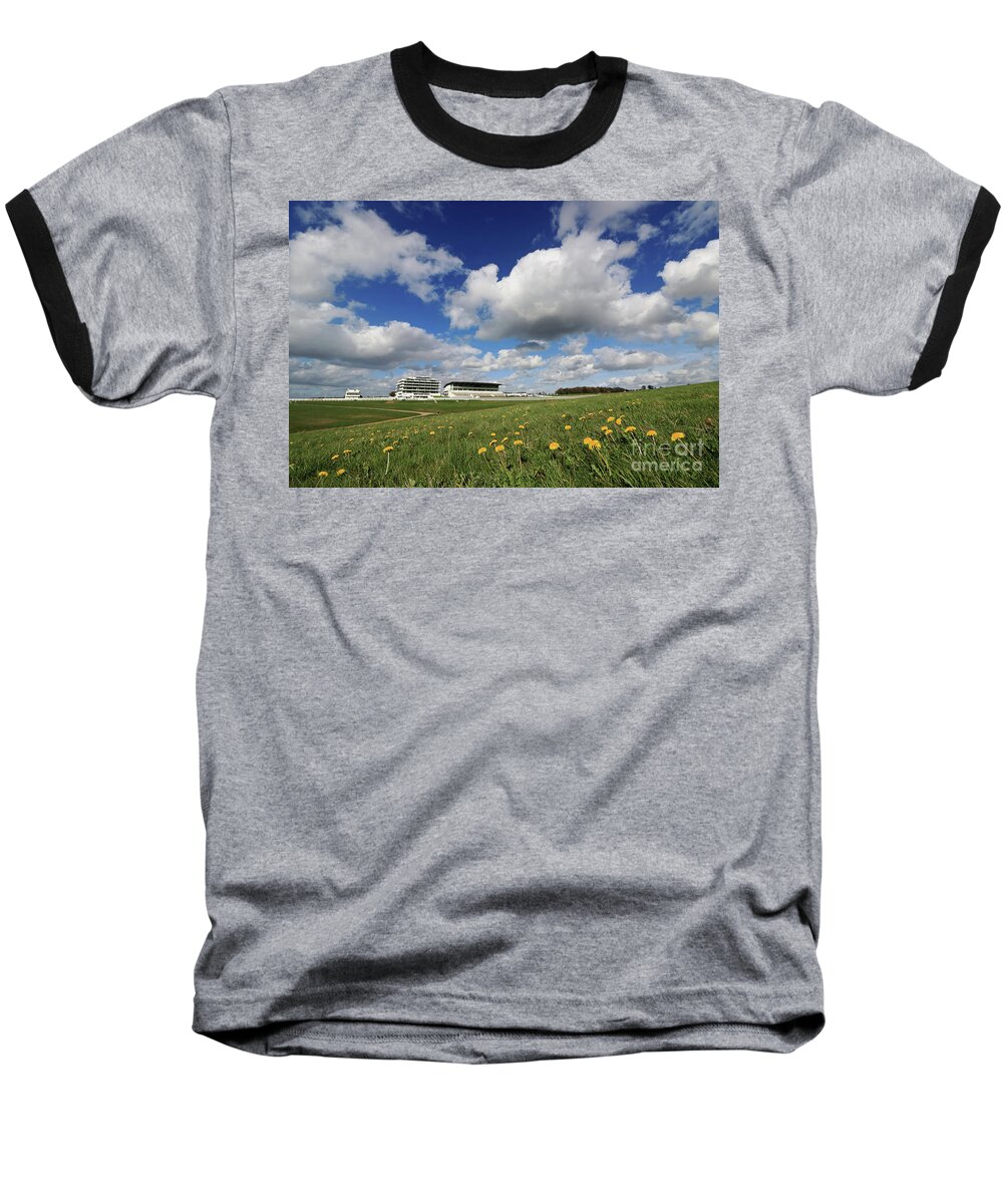 Dandelions On Epsom Downs Uk Fluffy Cumulus Clouds English Landscape Countryside Baseball T-Shirt featuring the photograph Dandelions on Epsom Downs UK by Julia Gavin