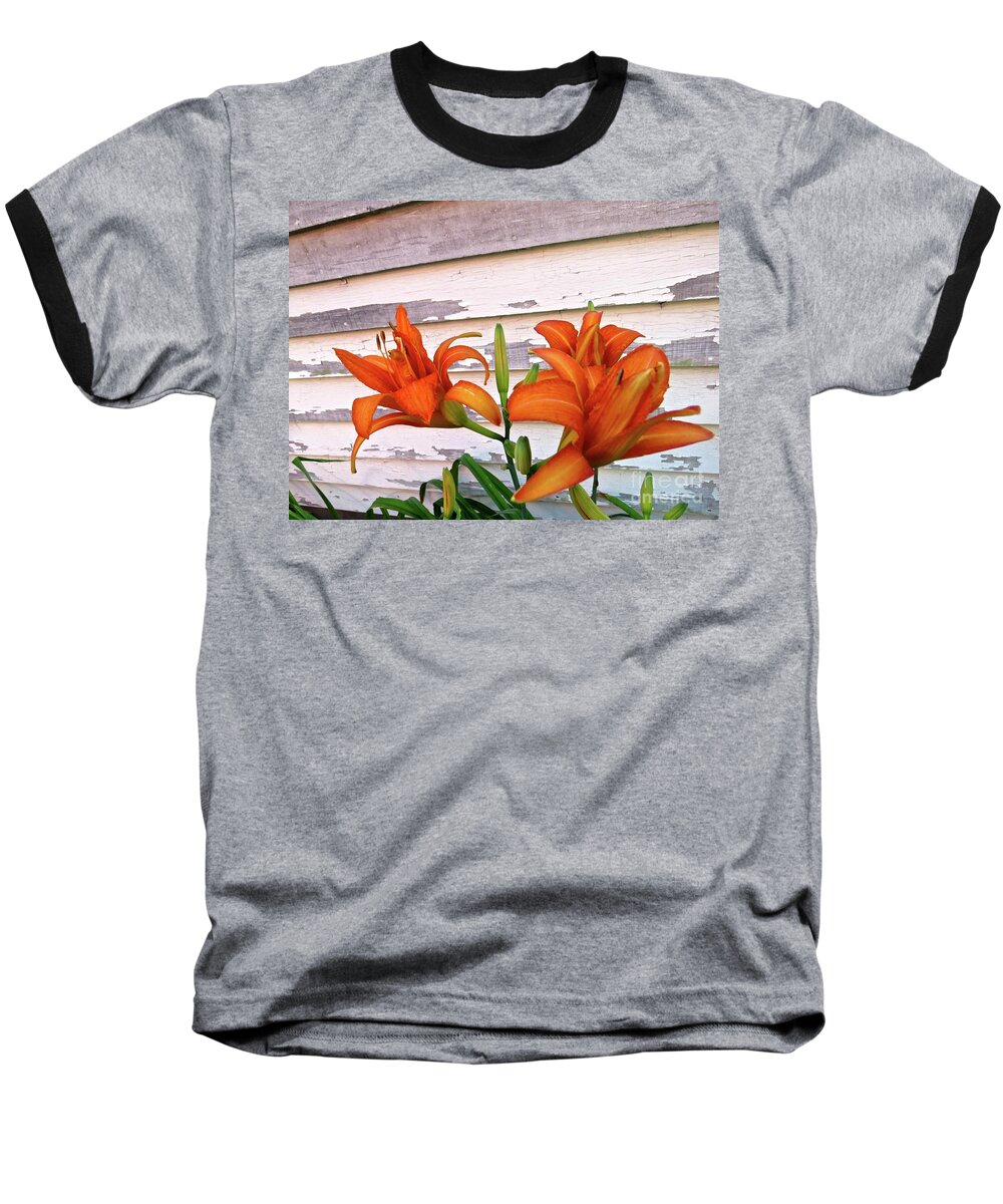Day Lily Baseball T-Shirt featuring the photograph Day Lilies And Peeling Paint by Nancy Patterson