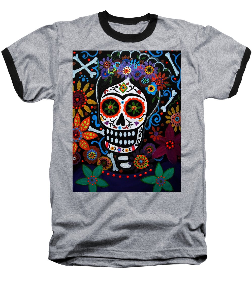 Day Of The Dead Frida Kahlo Painting Prisarts Pristine Cartera Turkus Flowers Florals Blooms Folk Art Artists Mexican Mexico Dia De Los Muertos Baseball T-Shirt featuring the painting Day Of The Dead Frida Kahlo Painting by Pristine Cartera Turkus