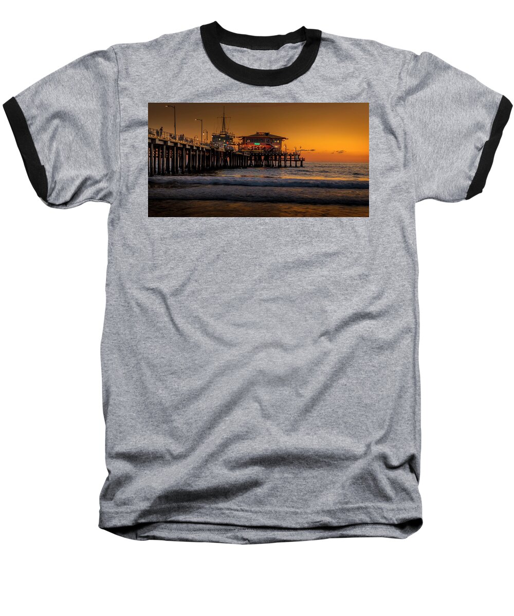 Santa Monica Pier Sunset Baseball T-Shirt featuring the photograph Daylight Turns Golden On The Pier by Gene Parks