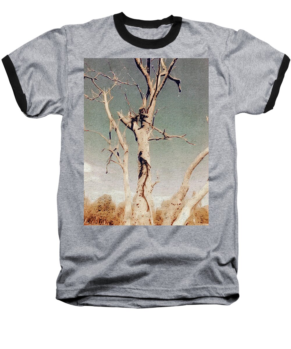 Wilpena Pound Baseball T-Shirt featuring the digital art Dead Tree, Outback. by Judith Chantler