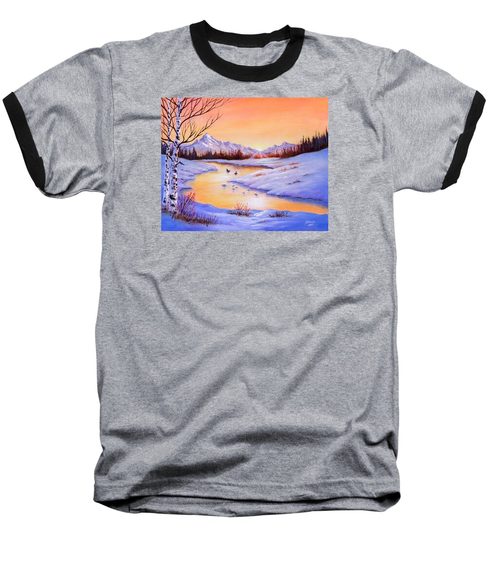 Ducks Baseball T-Shirt featuring the painting December Shimmer by Chris Steele