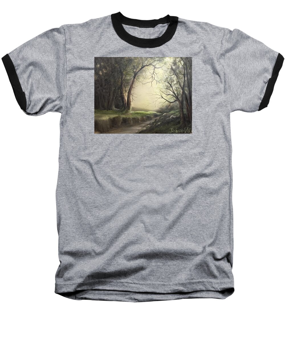 Forrest Trees Land Sky Road Hill Pine Tree Valley Mountain Sunrise Grass Flower Riverbed Baseball T-Shirt featuring the painting Deep hollow by Justin Wozniak
