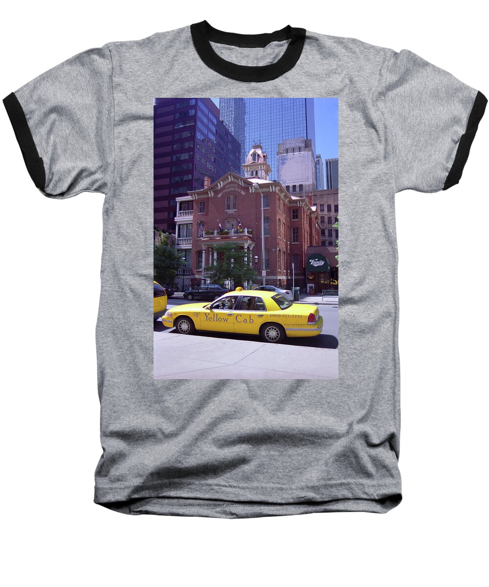 America Baseball T-Shirt featuring the photograph Denver Downtown with Yellow Cab by Frank Romeo