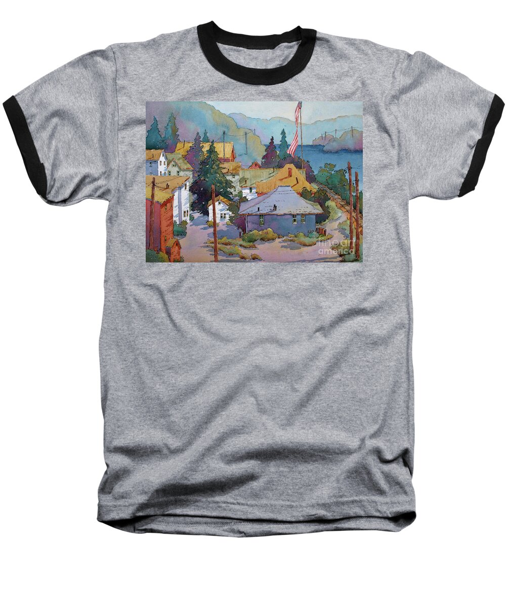 Train Baseball T-Shirt featuring the painting Depot by the River by Joyce Hicks