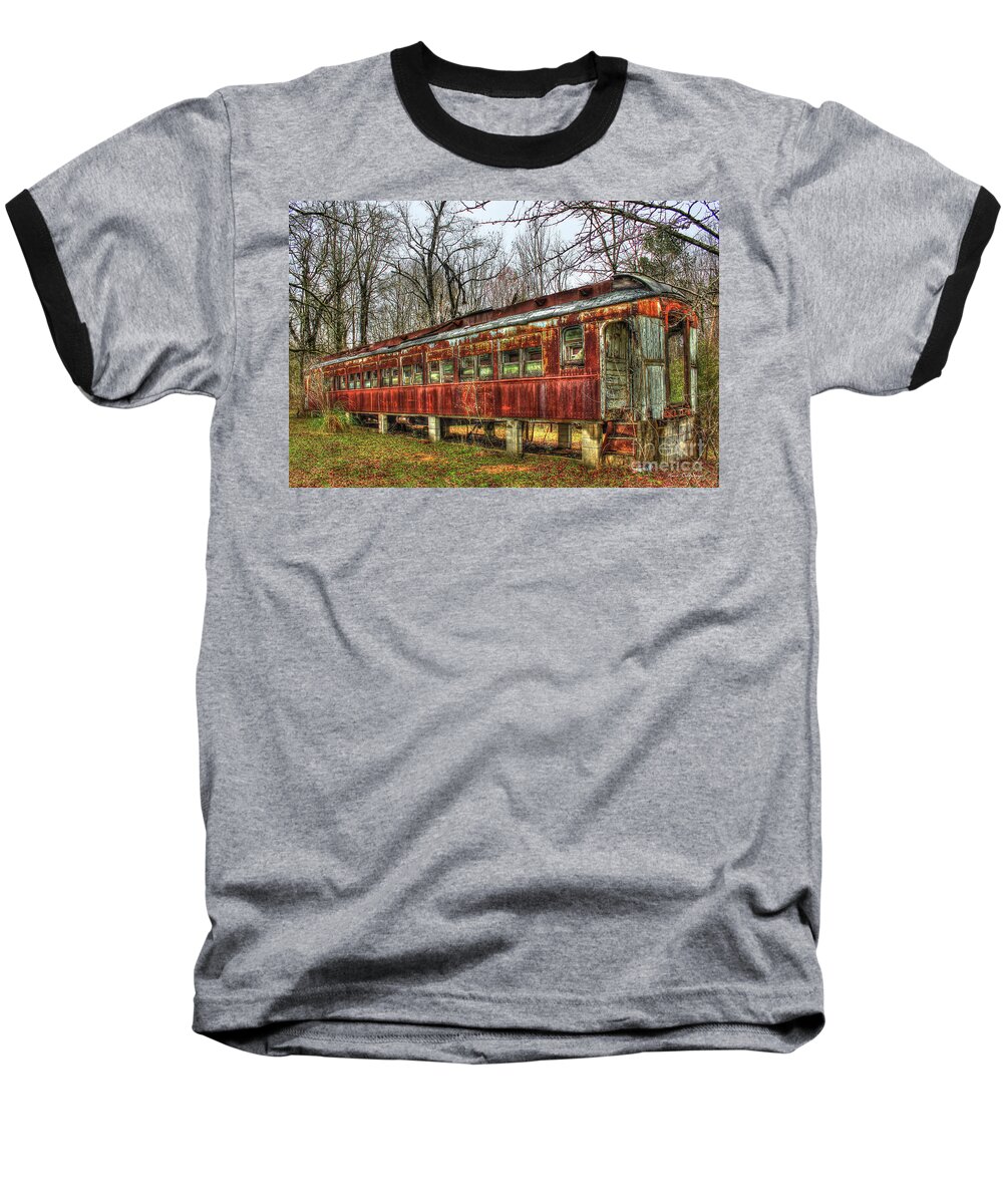 Train Car Fire Baseball T-Shirt featuring the photograph Devastation Railroad Passenger Train Car Fire Art by Reid Callaway