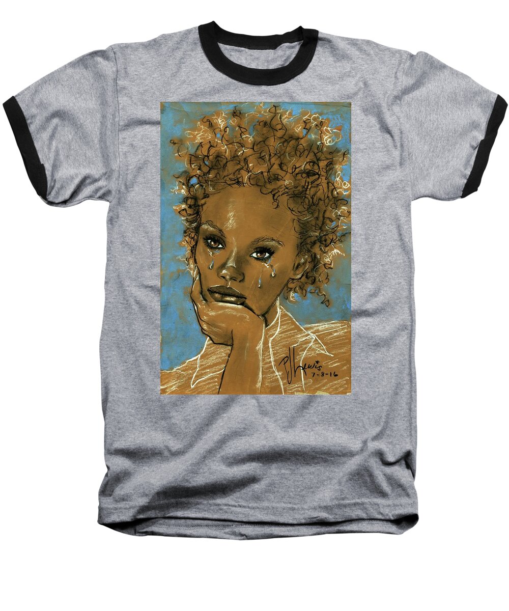 Black Woman Baseball T-Shirt featuring the drawing Diamond's daughter by PJ Lewis
