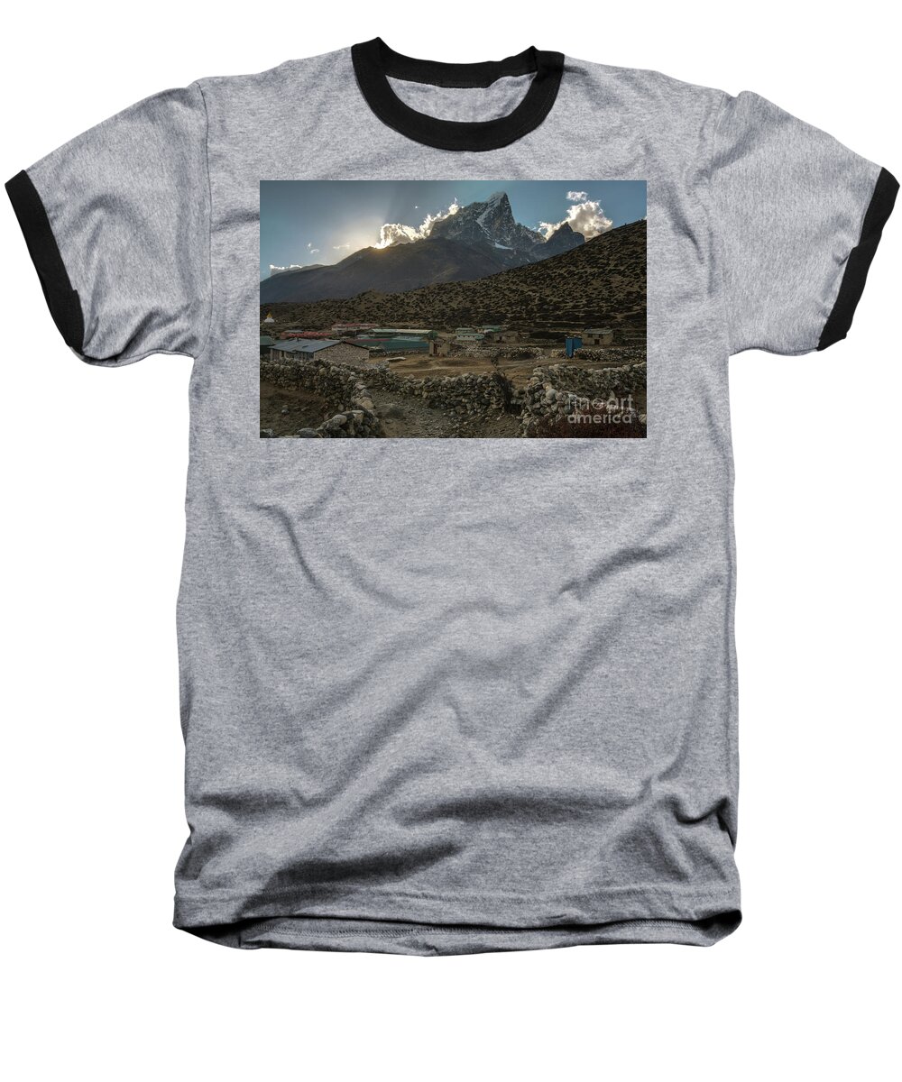 Everest Baseball T-Shirt featuring the photograph Dingboche Evening Sunrays by Mike Reid