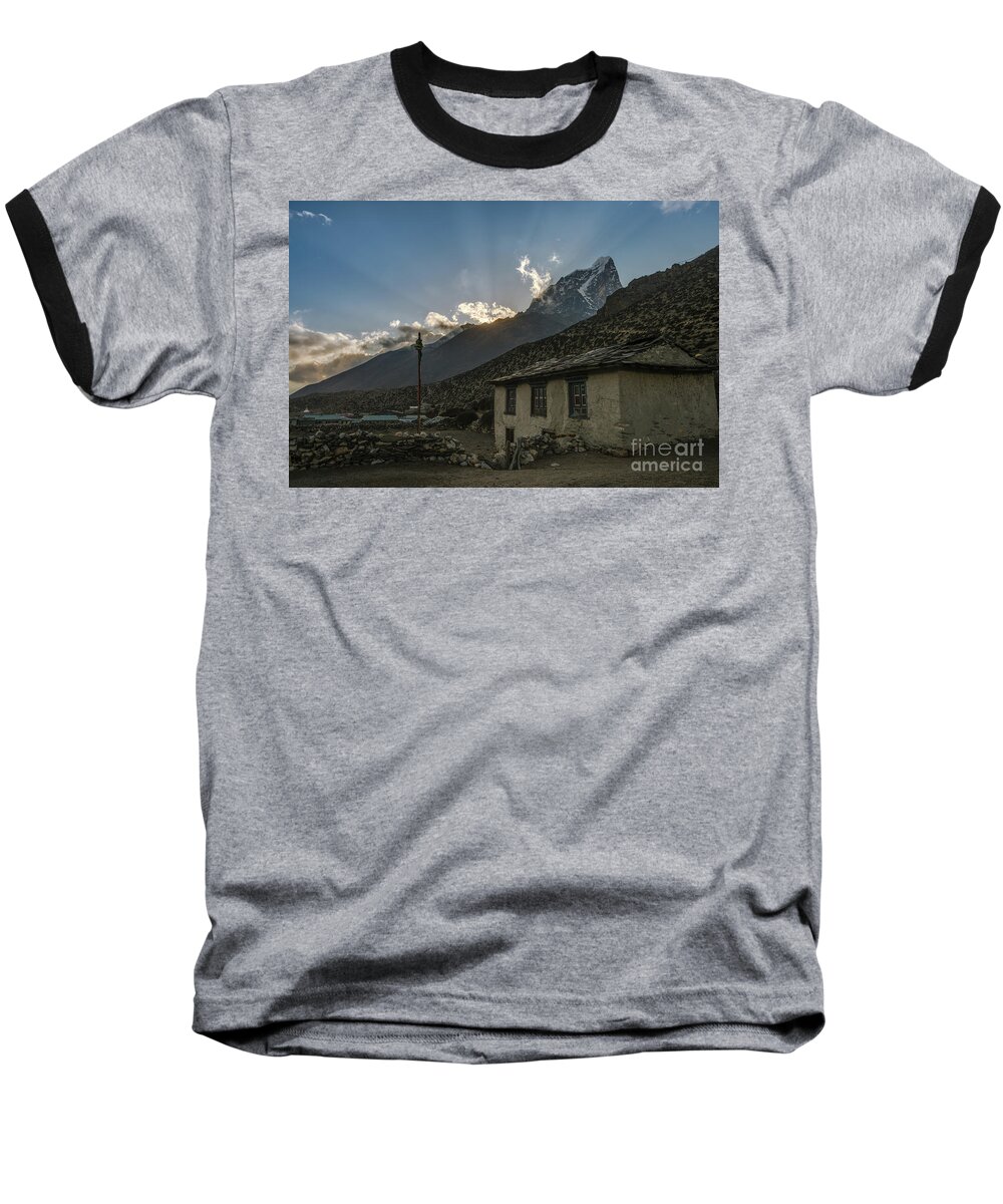 Everest Baseball T-Shirt featuring the photograph Dingboche Nepal Sunrays by Mike Reid