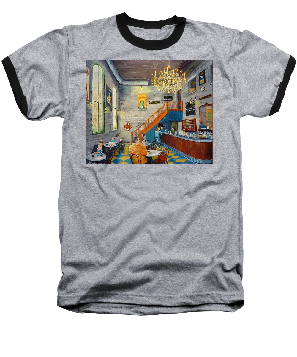 Distillery Baseball T-Shirt featuring the painting Distllery Coffee Shop by Brent Arlitt