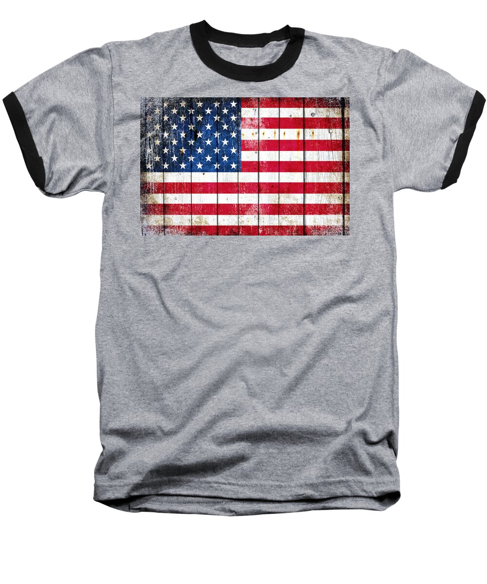 Vintage Baseball T-Shirt featuring the digital art Distressed American Flag On Wood Planks - Horizontal by M L C