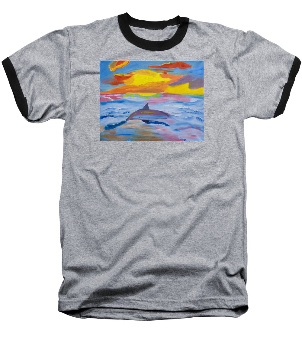 Dolphin Baseball T-Shirt featuring the painting Diving Under The Sun by Meryl Goudey