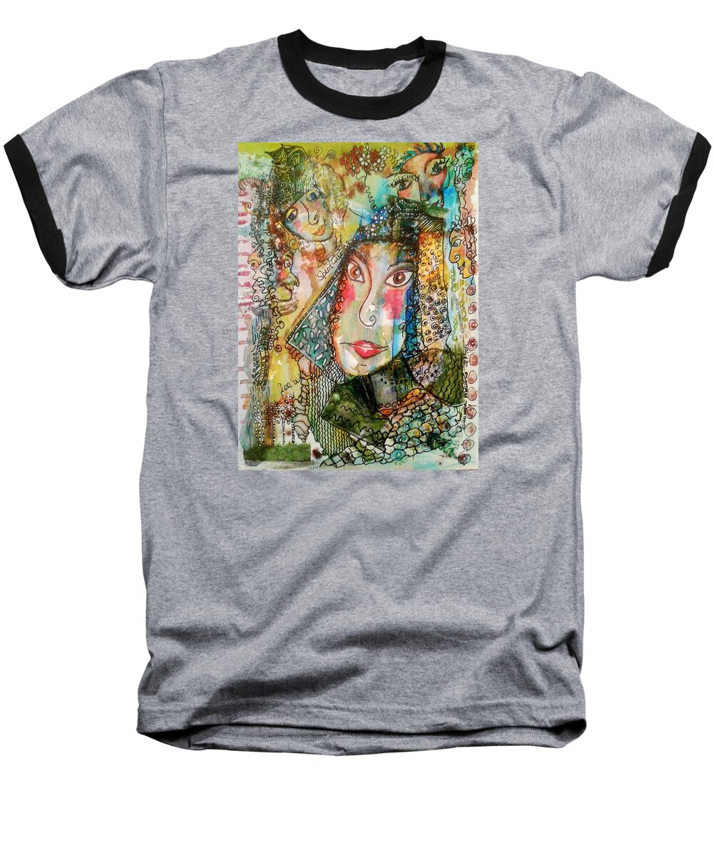 Girl Baseball T-Shirt featuring the mixed media Doe Eyed Girl and her Spirit Guides by Mimulux Patricia No