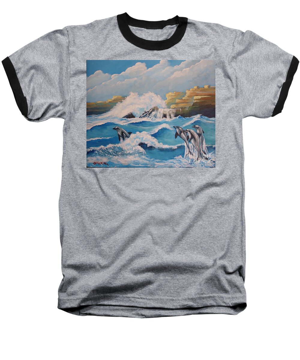 Dolphins Baseball T-Shirt featuring the painting Dolphins by Jean Pierre Bergoeing