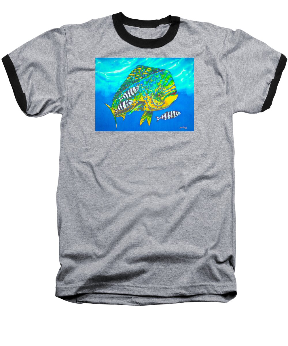 Sea Baseball T-Shirt featuring the painting Dorado and Pilot Fish - Mahi Mahi Fish by Daniel Jean-Baptiste
