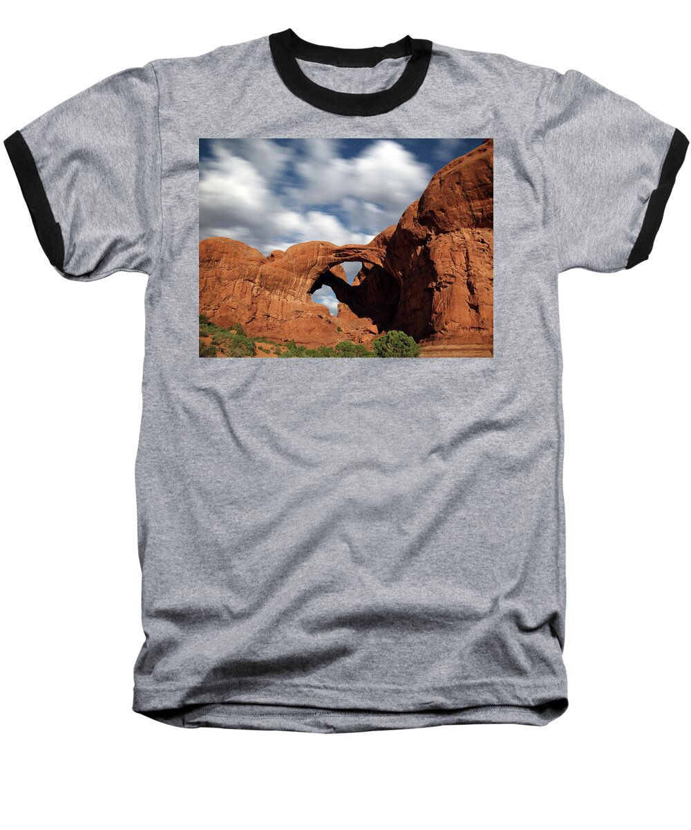 Arches Np Baseball T-Shirt featuring the photograph Double Arch in the Moonlight by Jean Clark