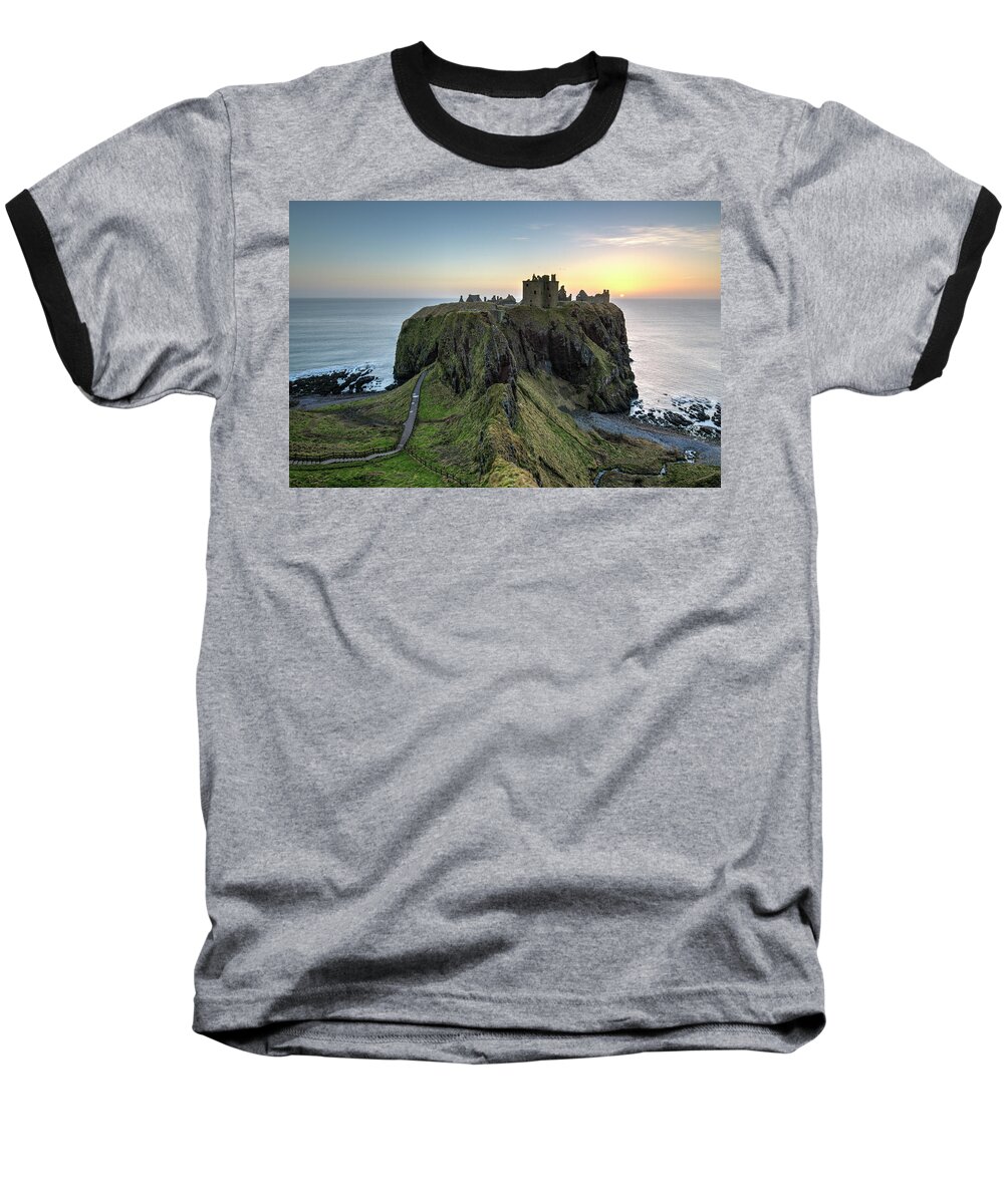 Dunnottar Baseball T-Shirt featuring the photograph Dunnottar Castle at Sunrise by Veli Bariskan
