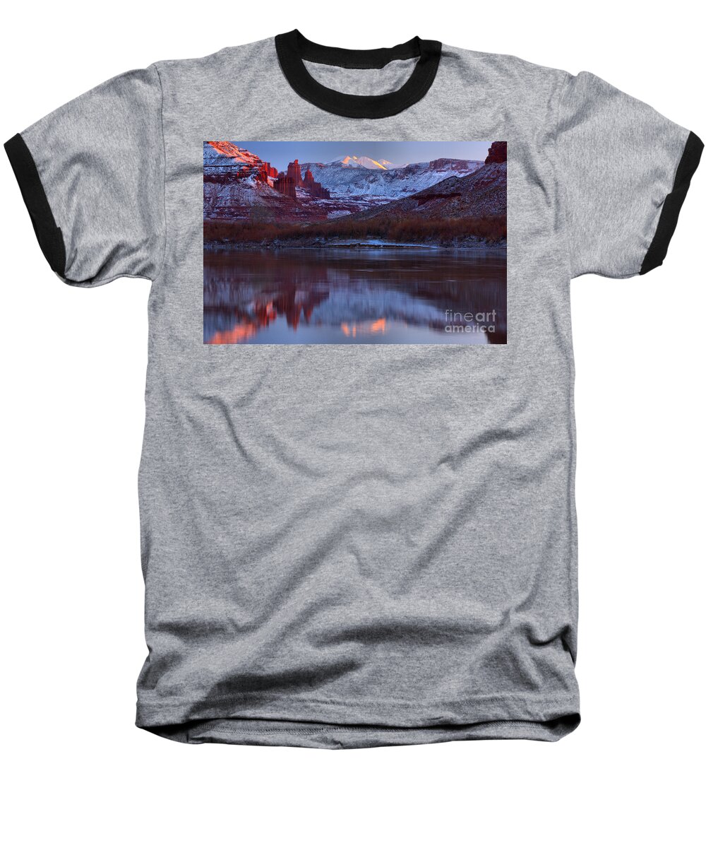 Fisher Towers Baseball T-Shirt featuring the photograph Dusk At Fisher Towers by Adam Jewell