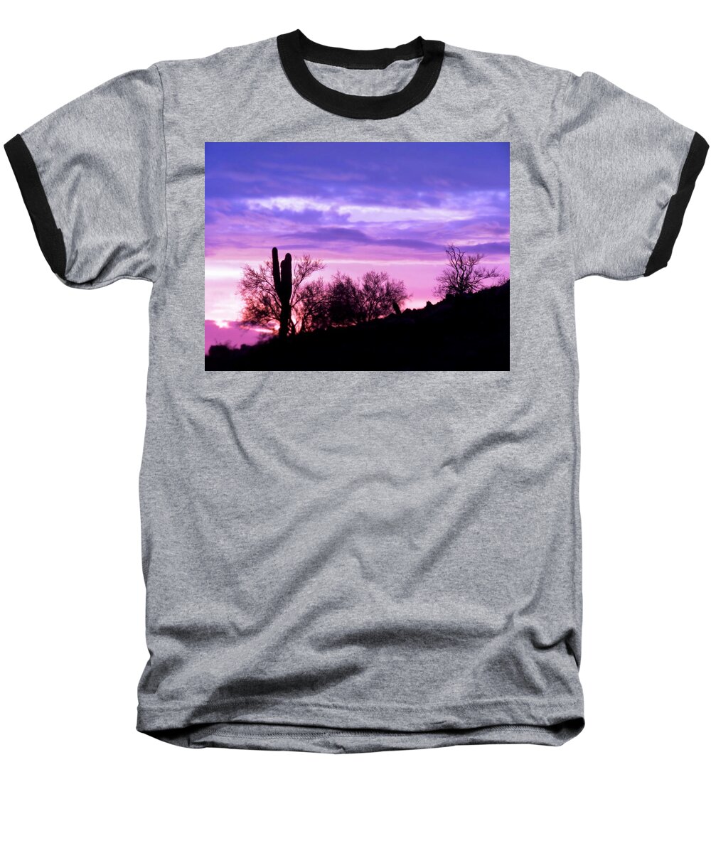 Desert Landscape Baseball T-Shirt featuring the photograph Dusky Desert Purple-Pink by Judy Kennedy