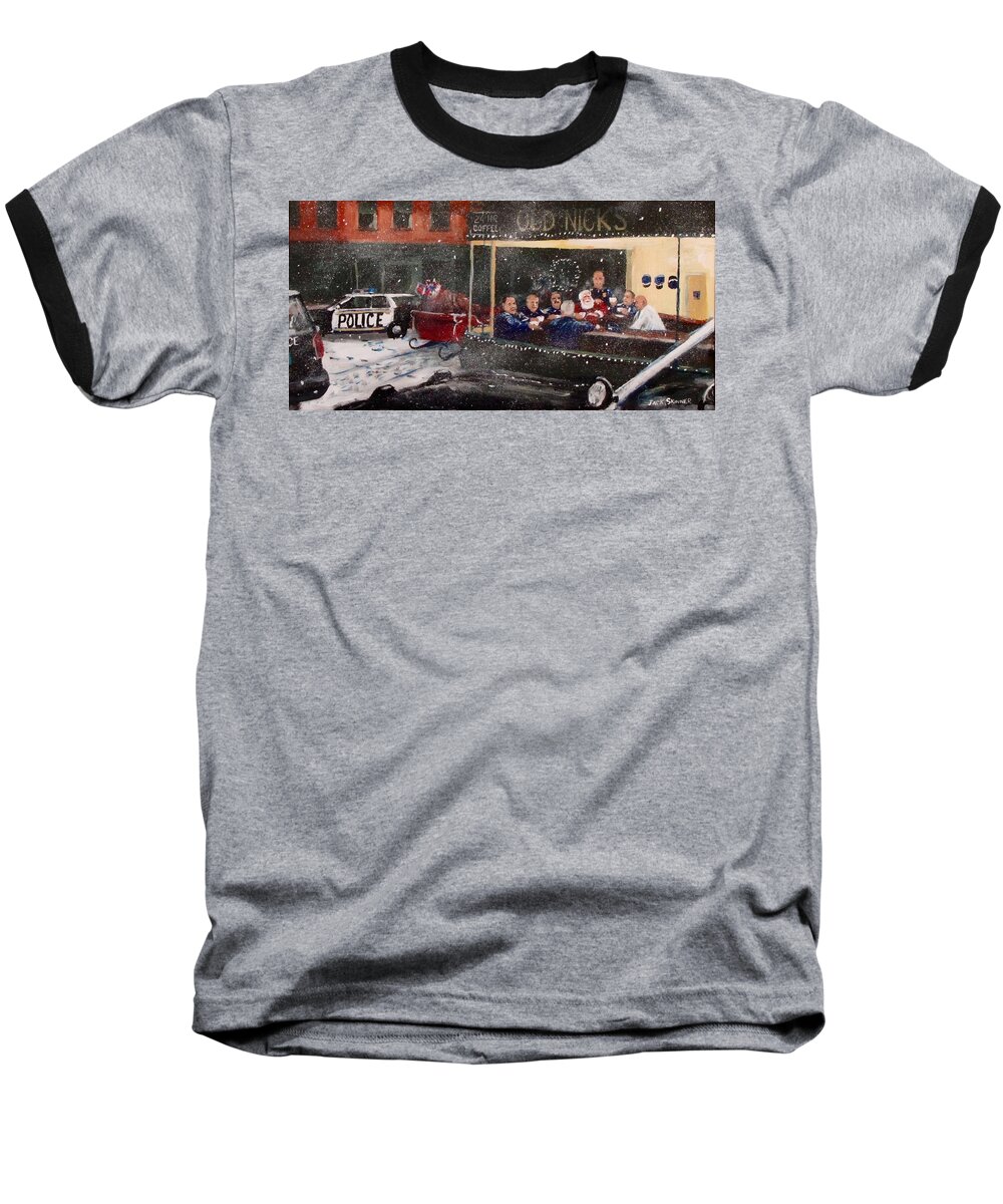  Santa Baseball T-Shirt featuring the painting Early Christmas Morning Coffee by Jack Skinner