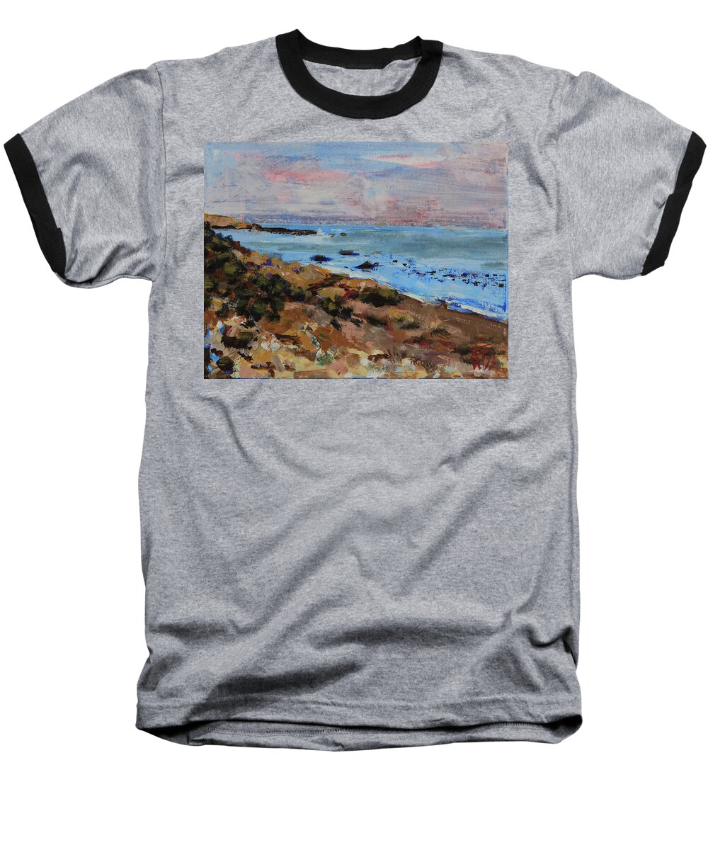 California Central Coast Baseball T-Shirt featuring the painting Early morning low tide by Walter Fahmy