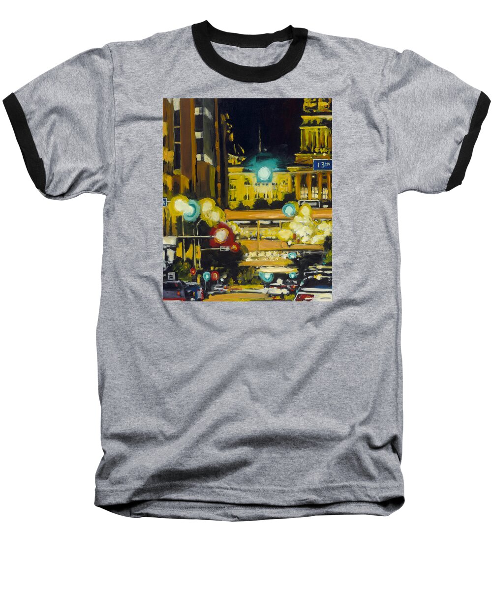 Iowa Baseball T-Shirt featuring the painting East 13th and Locust st Des Moines by Robert Reeves