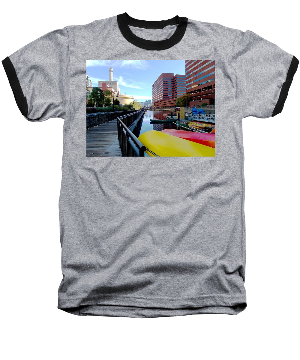 Canal Baseball T-Shirt featuring the photograph East Cambridge by Christopher Brown