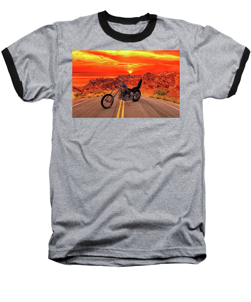 Easy Rider Chopper # Easy Rider # Chopper #sunset # Motorcycle #colorful #chopper # Render # Custom Chopper # Motorcycle Art # Usa # Reflections #florida #harley-davidson #american #c4d 3d Model #3d Rendering #photorealistic #custom Motorcycle #bobber #visualization # Easy Rider #chopper Baseball T-Shirt featuring the photograph Easy rider chopper by Louis Ferreira