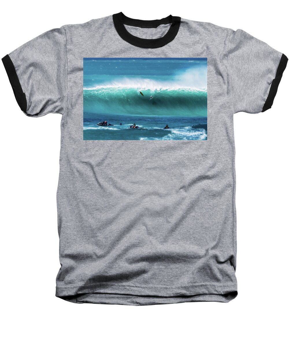Oahu Hawaii Waves Eddie Aikau Surf Event Jet Skis Ocean Baseball T-Shirt featuring the photograph Eddie Aikau by James Roemmling