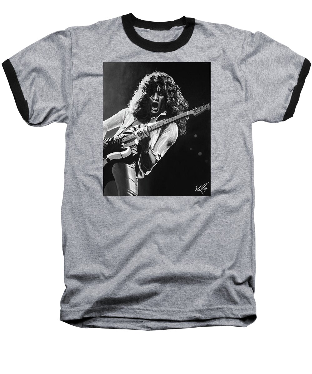 Van Halen Baseball T-Shirt featuring the painting Eddie Van Halen - Black and White by Tom Carlton