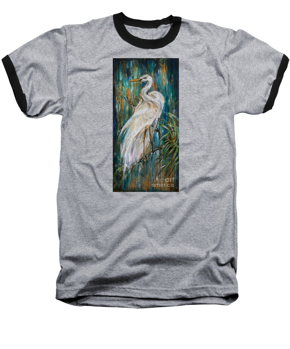 Egret Baseball T-Shirt featuring the painting Egret Near Waterfall by Linda Olsen