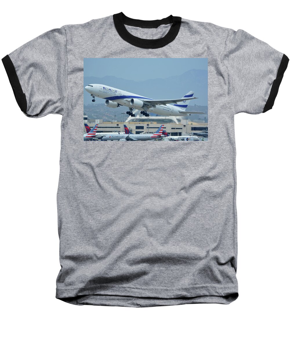 Airplane Baseball T-Shirt featuring the photograph El Al Boeing 777-258ER 4X-ECE Los Angeles International Airport May 3 2016 by Brian Lockett