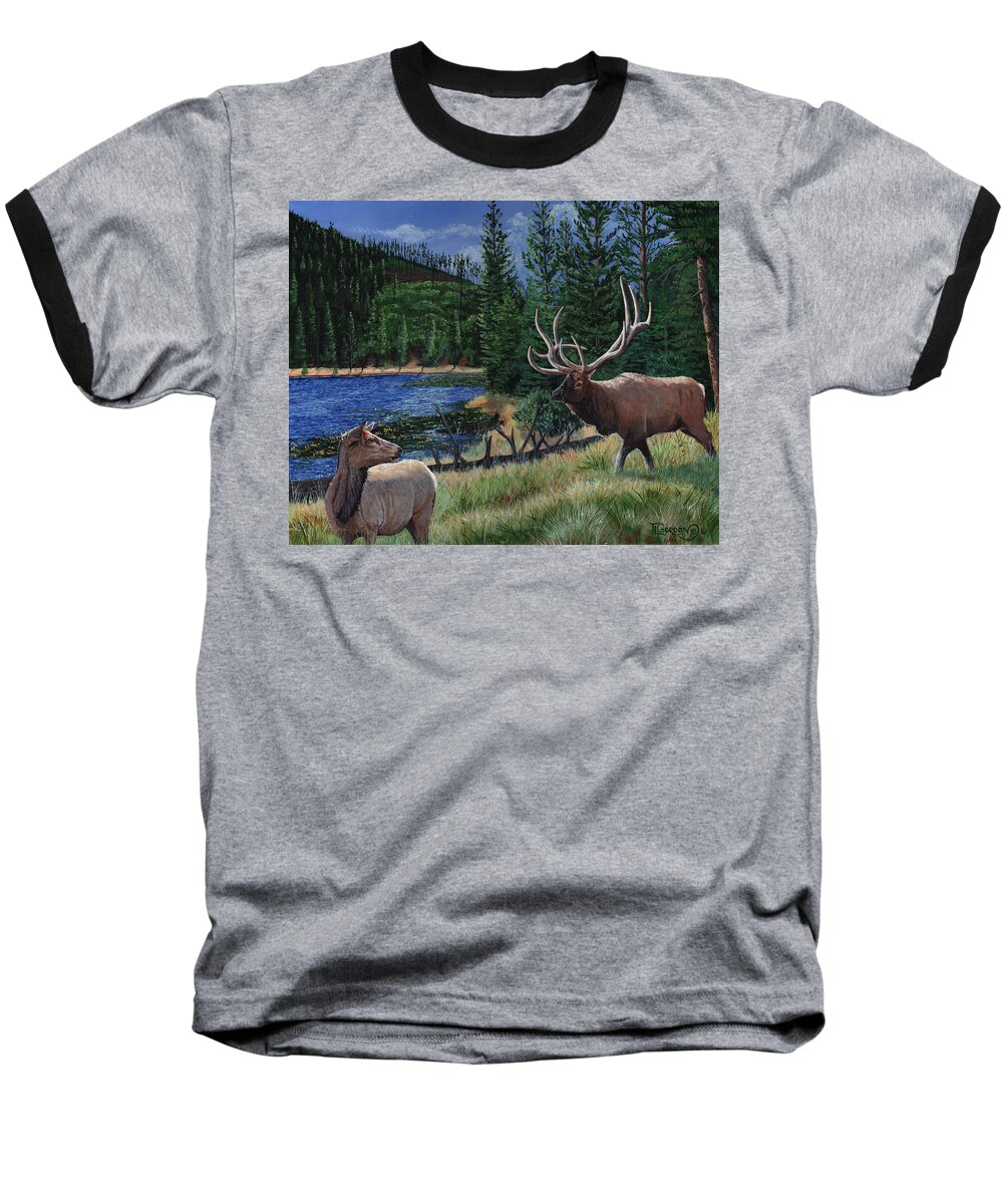 Tim Gordon Baseball T-Shirt featuring the painting Elk at Beaver Lake Yellowstone by Timithy L Gordon