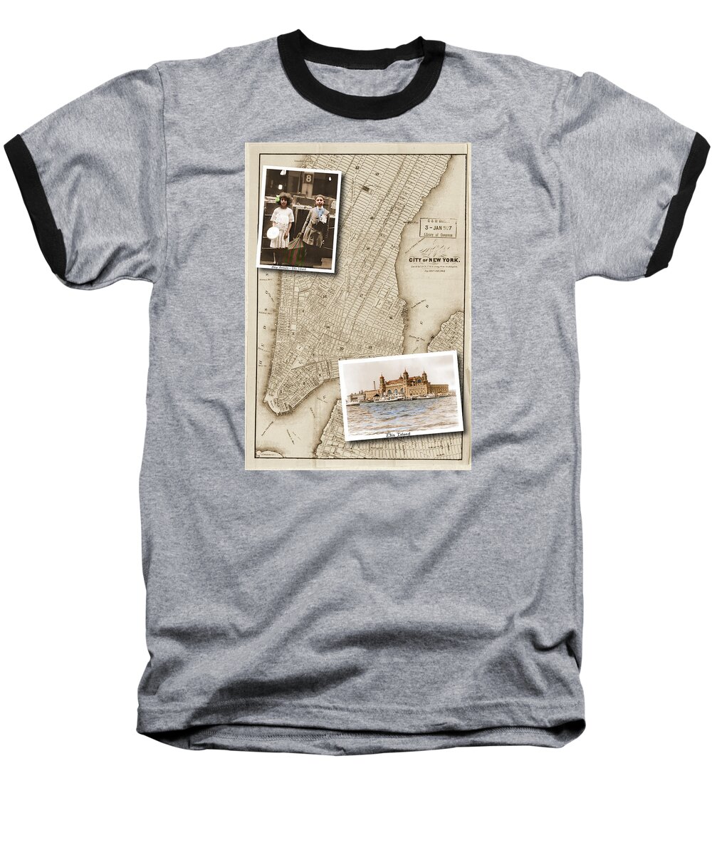 Ellis Island Baseball T-Shirt featuring the digital art Ellis Island Vintage Map Child Immigrants by Karla Beatty
