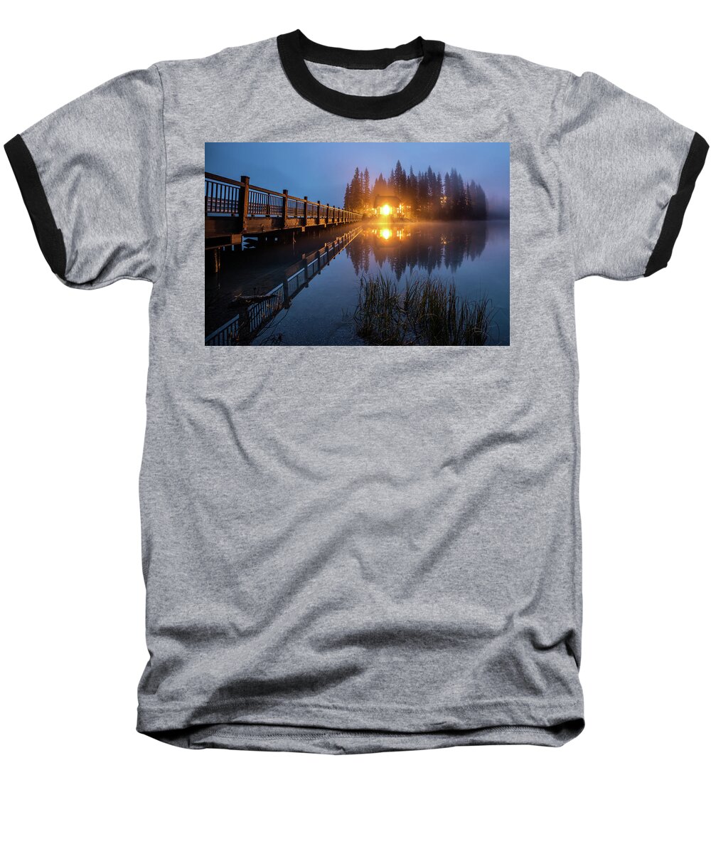 Emerald Lake Baseball T-Shirt featuring the photograph Emerald Lake Lodge in the twilight fog by Pierre Leclerc Photography