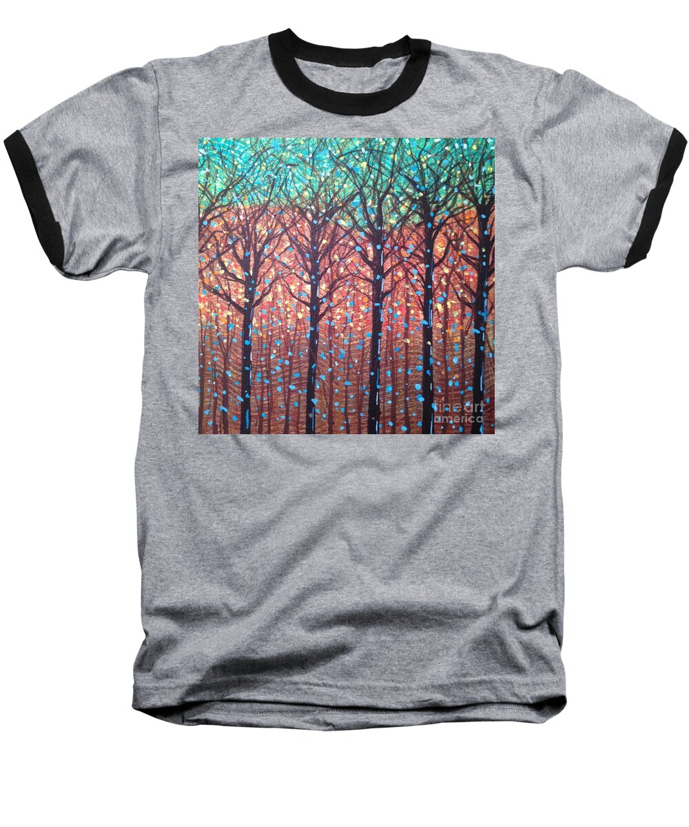 #trees #forest #sunlight #abstract #art #woods Baseball T-Shirt featuring the painting Enchanted Forest by Allison Constantino