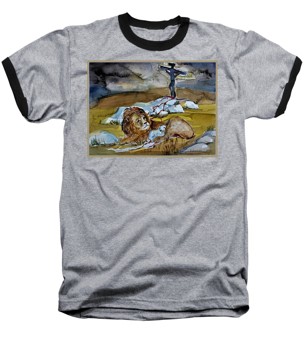 Lion Baseball T-Shirt featuring the painting Ephesians 2 13 by Mindy Newman