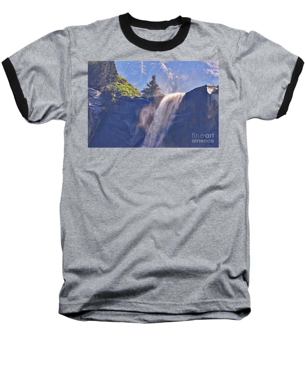 Yosemite Baseball T-Shirt featuring the photograph Evergreen Pines and Bridalveil Falls by Debby Pueschel