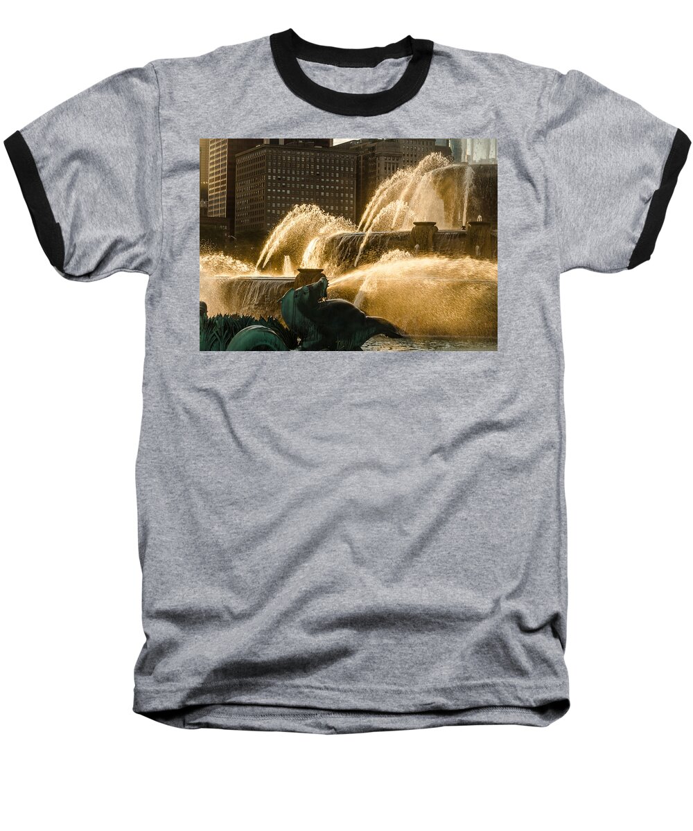 Buckingham Fountain Baseball T-Shirt featuring the photograph Fall Fountain by Tom Potter