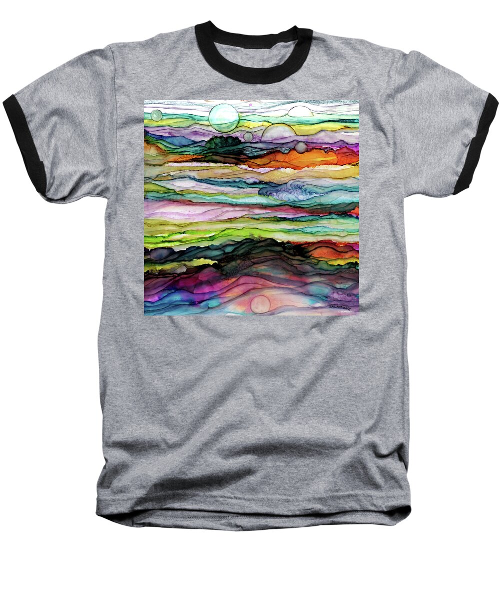 Colorful Abstract Bubbles Blue Orange Purple Pink Turquoise Green Lime Red Waves Baseball T-Shirt featuring the painting Fantascape by Brenda Salamone