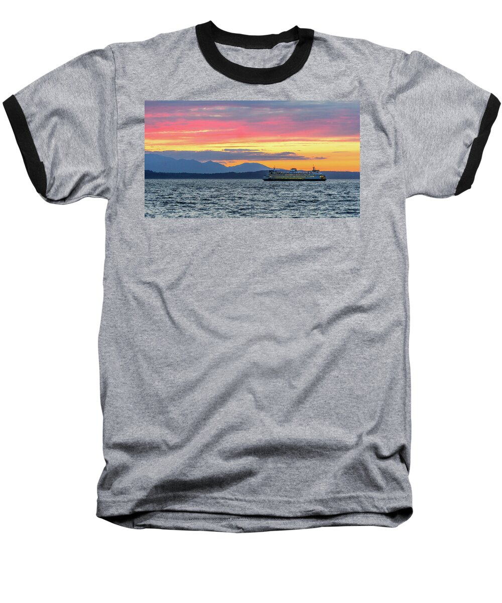 Sunset Baseball T-Shirt featuring the digital art Ferry In Puget Sound by Michael Lee