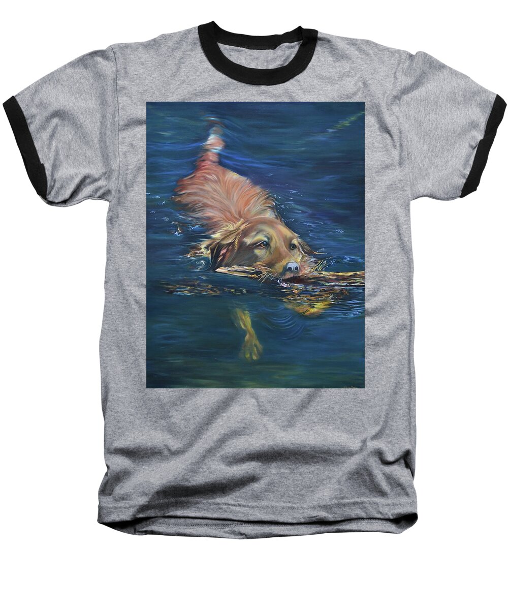 #swim #swimming #lab #retriever #dogs #dog #lake #lakes #labs #stick #fetching #landscape #blue #lakes #cottage #canada #happy #waterscapes Baseball T-Shirt featuring the painting Fetching The Stick by Stella Marin