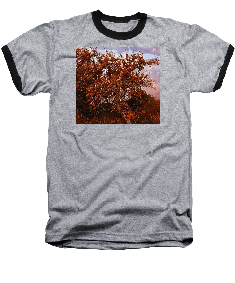 Landscape Baseball T-Shirt featuring the mixed media Fiery Elm Tree by Shelli Fitzpatrick
