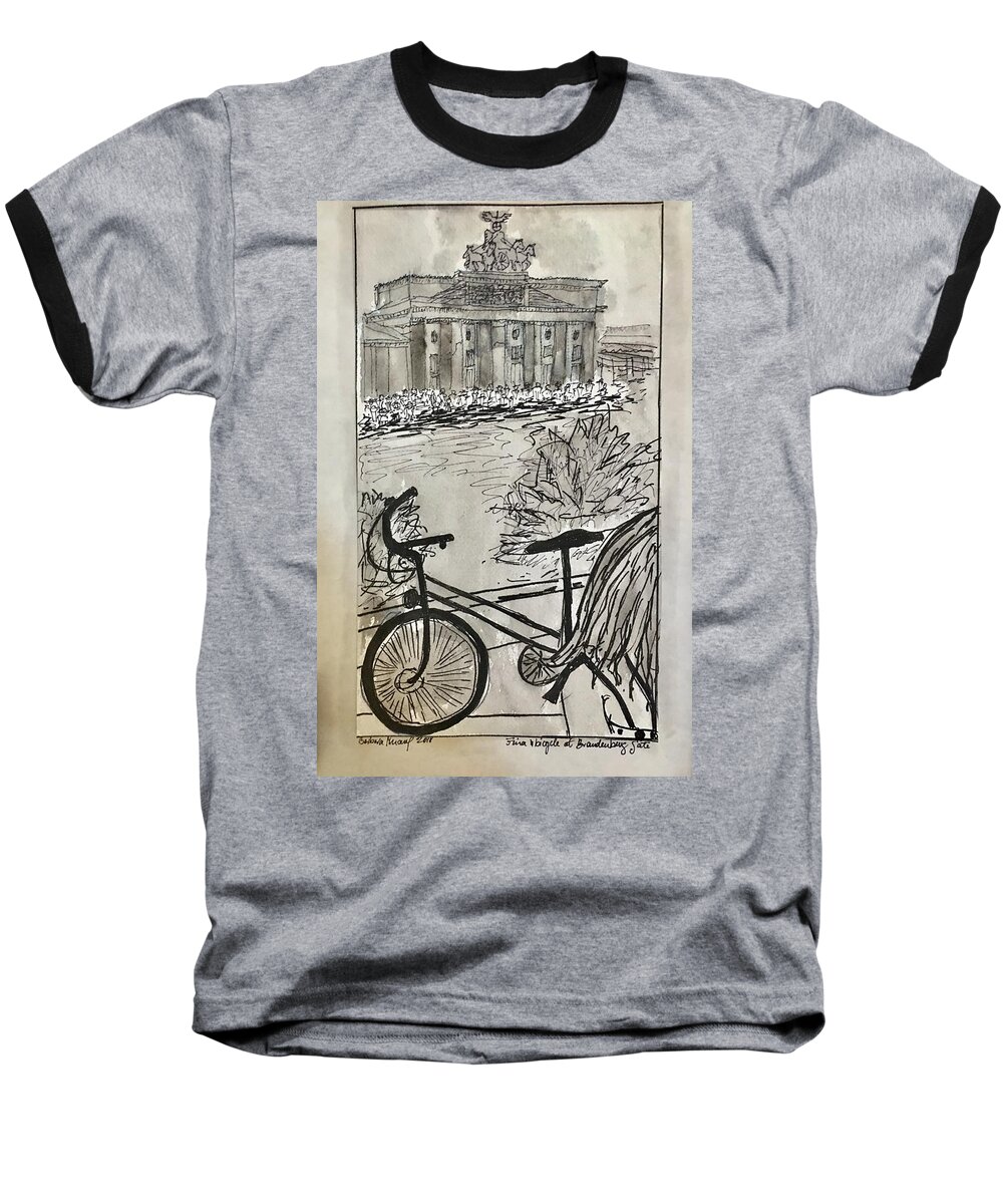 Brandenburg Gate Baseball T-Shirt featuring the drawing Fina and bicycle at Brandenburg Gate by Barbara Anna Knauf