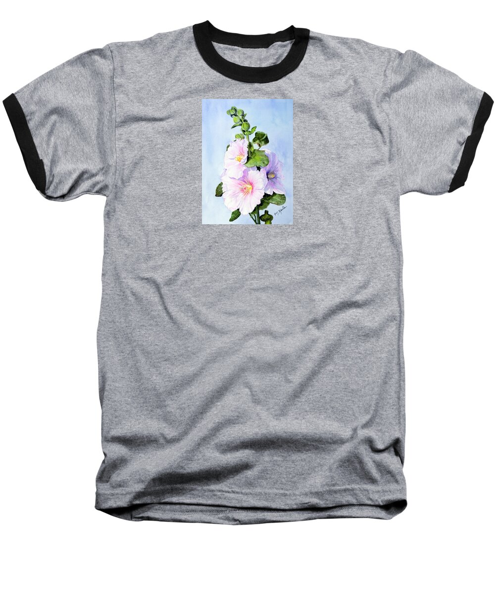 Flowers Baseball T-Shirt featuring the painting Finally Hollyhocks by Marsha Karle
