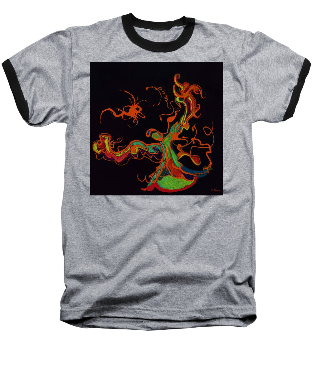 Fire Dancer Original Baseball T-Shirt featuring the mixed media Fire Dancer by Liz Evensen