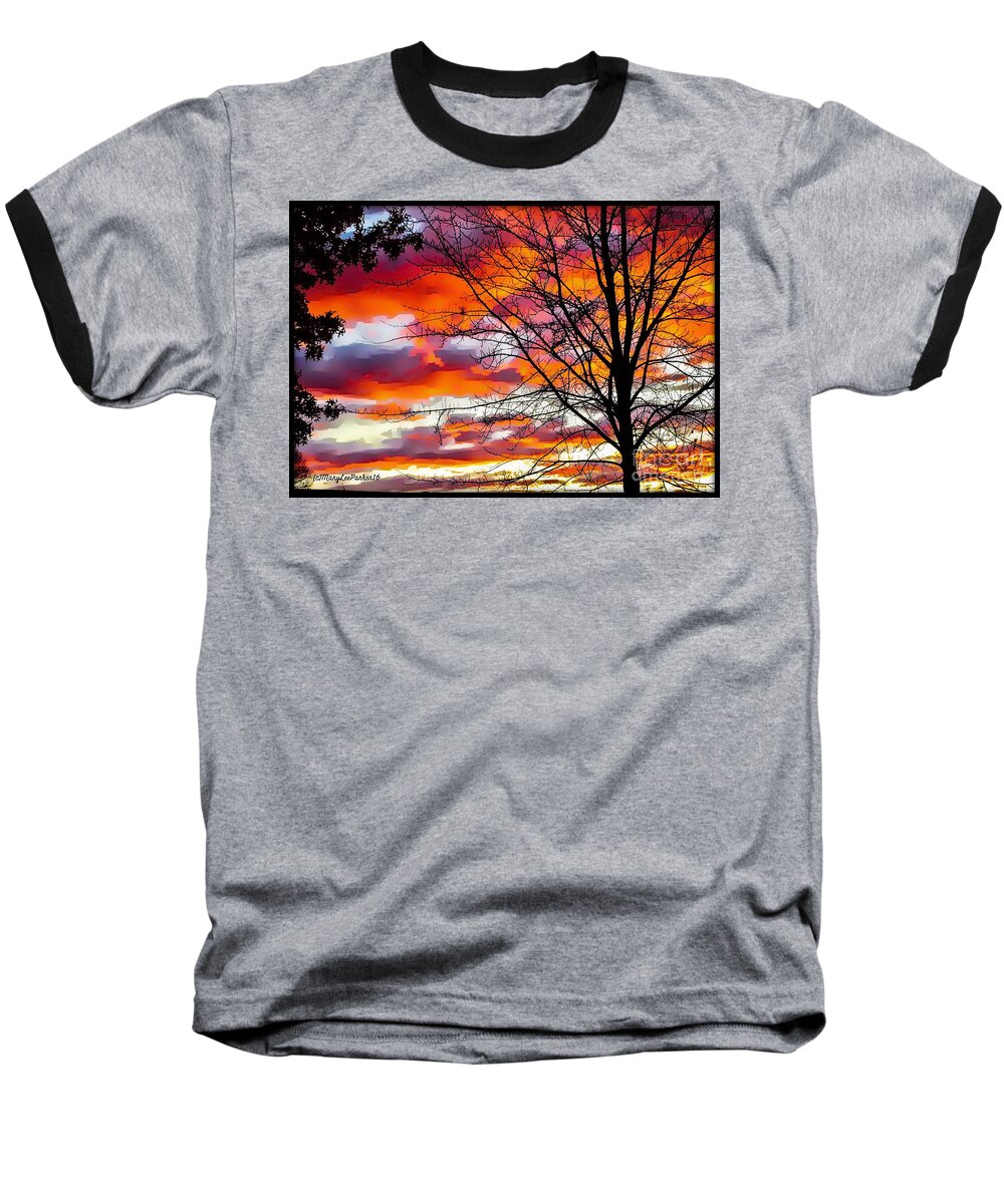 Copyright Mary Lee Parker 16 Baseball T-Shirt featuring the mixed media Fire InThe Sky by MaryLee Parker